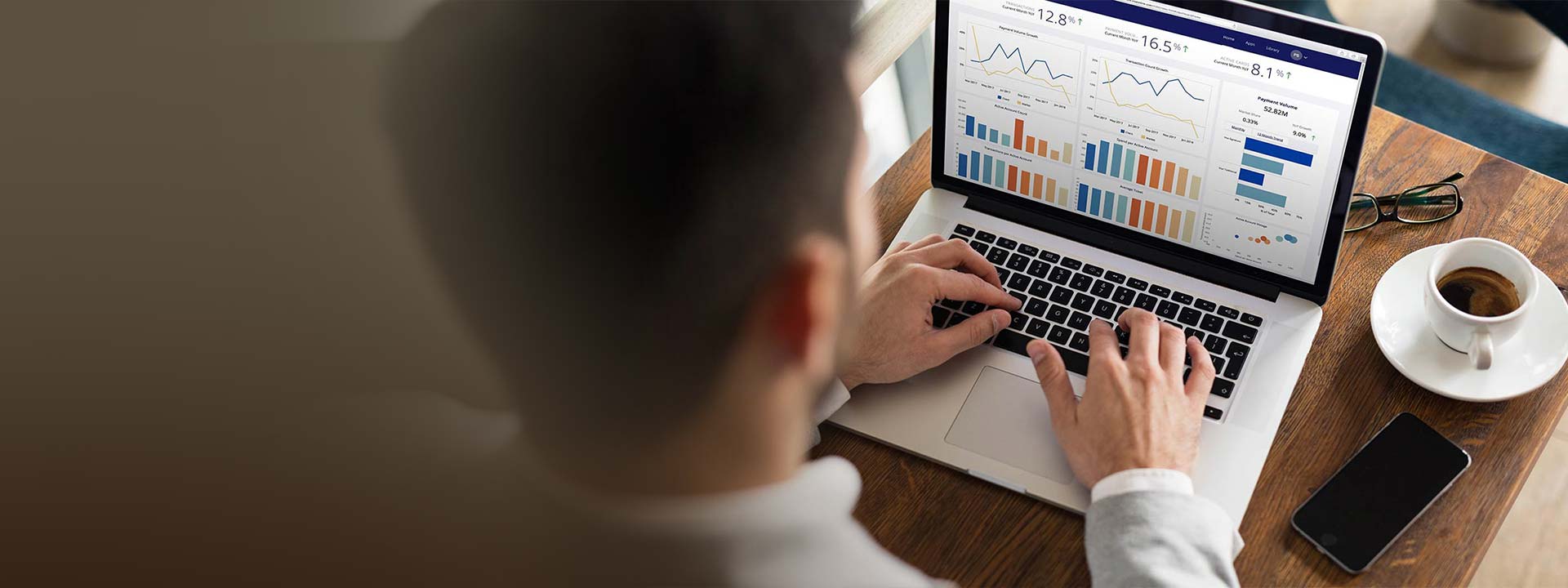 man typing on laptop with visa analytics platform on screen