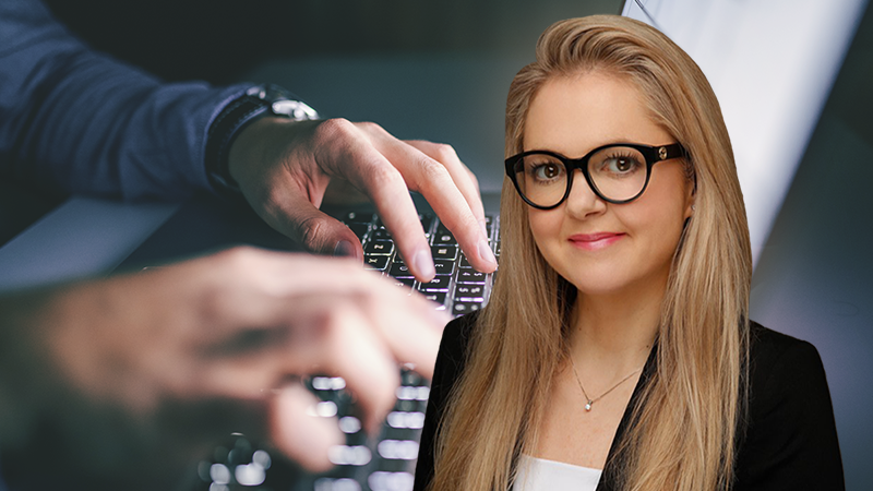 Eilin Schjetne, product director, in a photo collage with a laptop keyboard