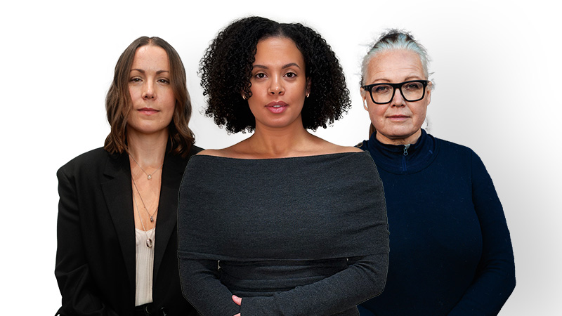 three females facing camera posing on white background